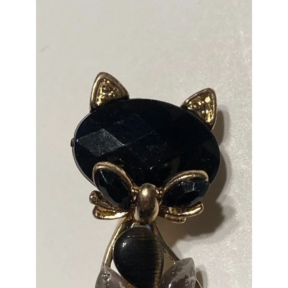 Vintage Style Gold Tone Black Cat Brooch Rhinestone Tail